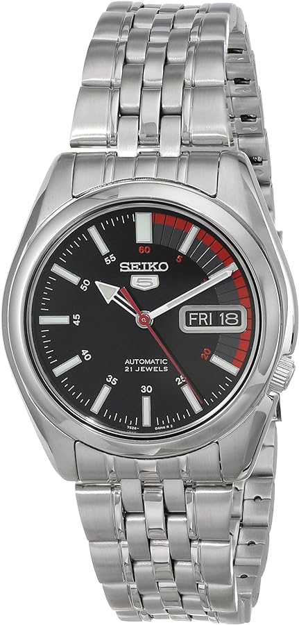 SEIKO SNK375 Automatic Watch for Men 5-7S Collection - Striking Black Dial with Day/Date Calendar, Luminous Hands, Stainless Steel Case & Bracelet