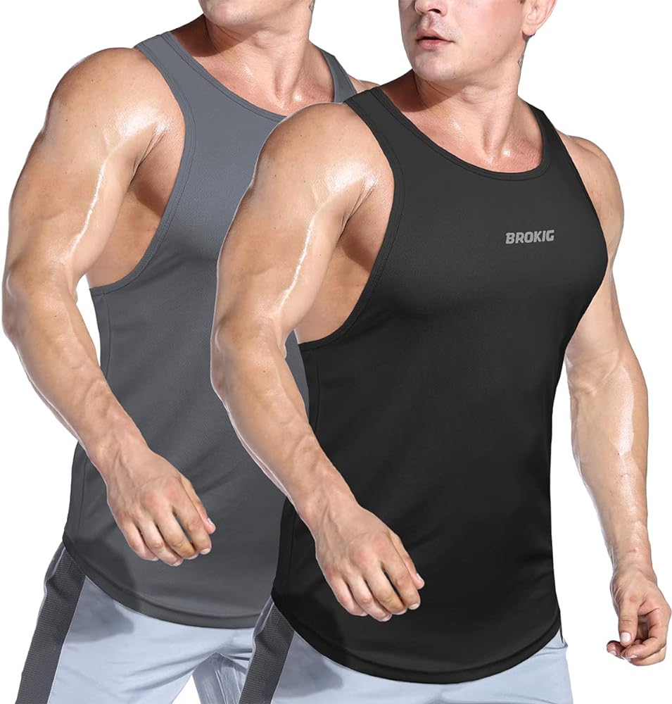 BROKIG Men's 2 Pack Lightweight Stringer Tank Tops,Bodybuilding Quick Dry Y Back Gym Tanks Men