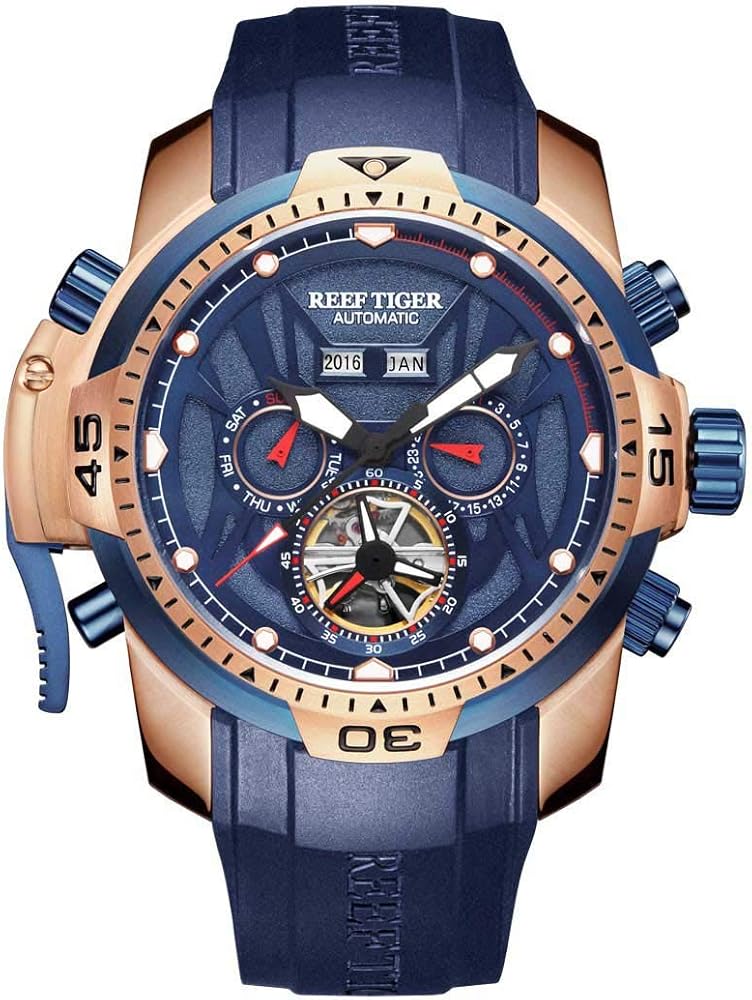 REEF TIGER Military Watches for Men Rose Gold Complicated Blue Dial Automatic Sport Watches RGA3532 (RGA3532-PLBR)