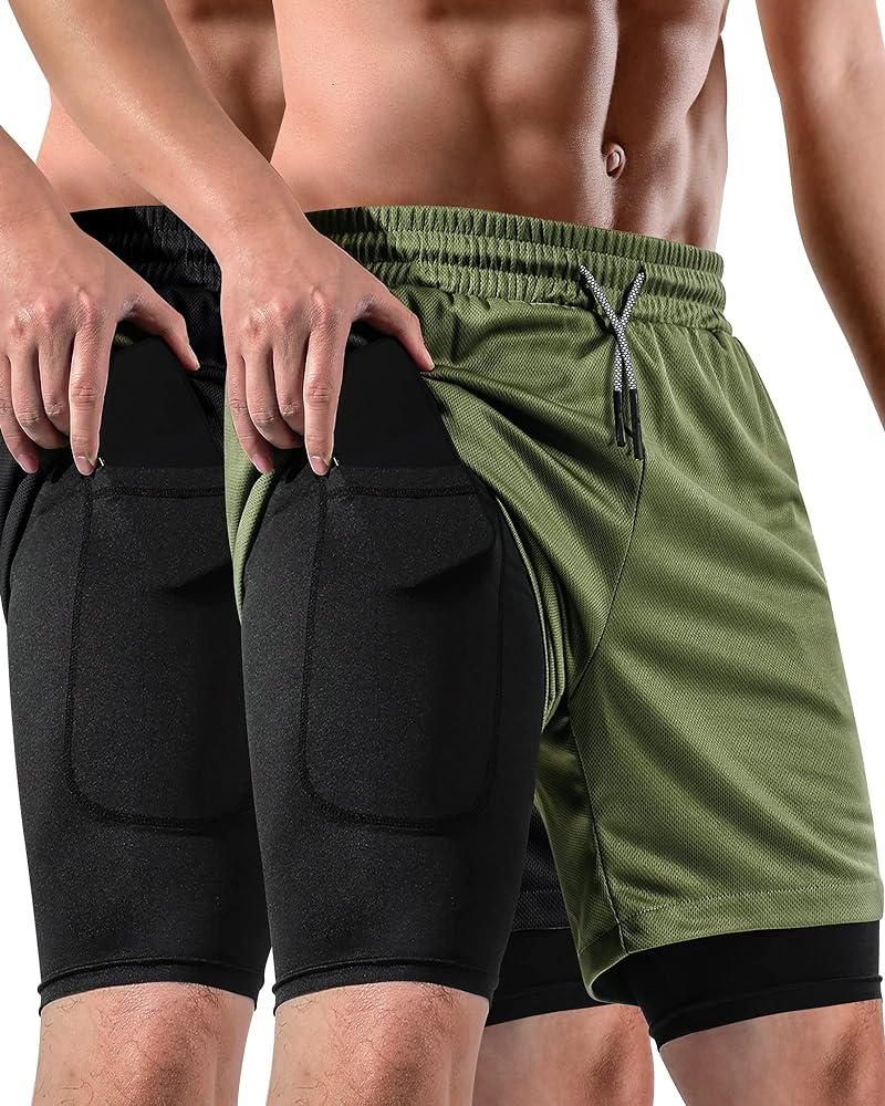 2 in 1 Mens Shorts Casual 2 Pack, Running Gym Shorts for Men 7 Inch, Workout Shorts Men with Pockets &Towel Loop