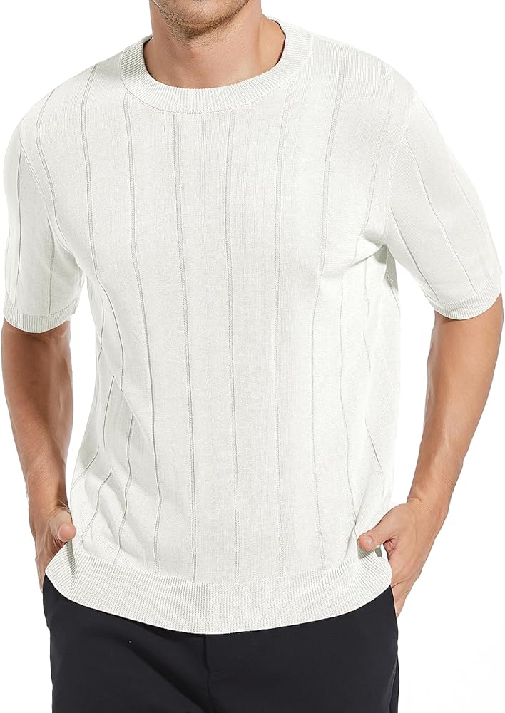 Men's Round Neck Knit Short Sleeve T-Shirt Solid Color Basic Stretch Slim Knitted Mesh Textured Pullover Sweater Casual Tees