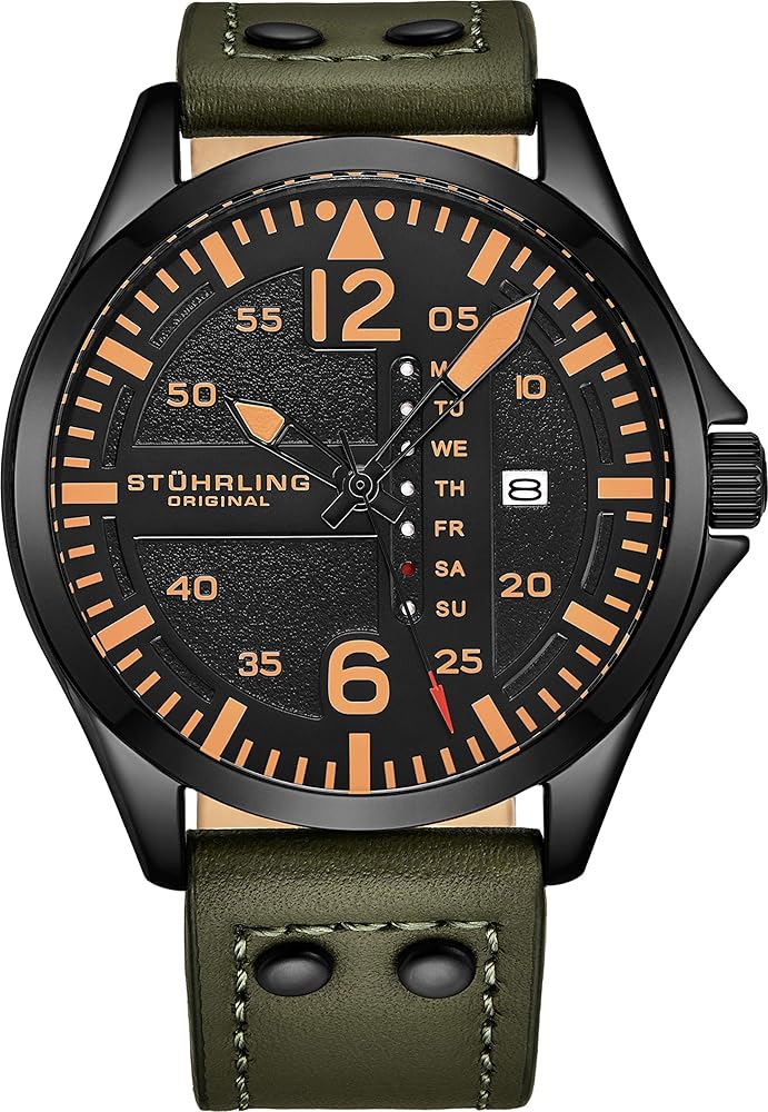 Stuhrling Original Mens Leather Watch -Aviation Watch, Quick-Set Day-Date Leather Band with Steel Rivets,