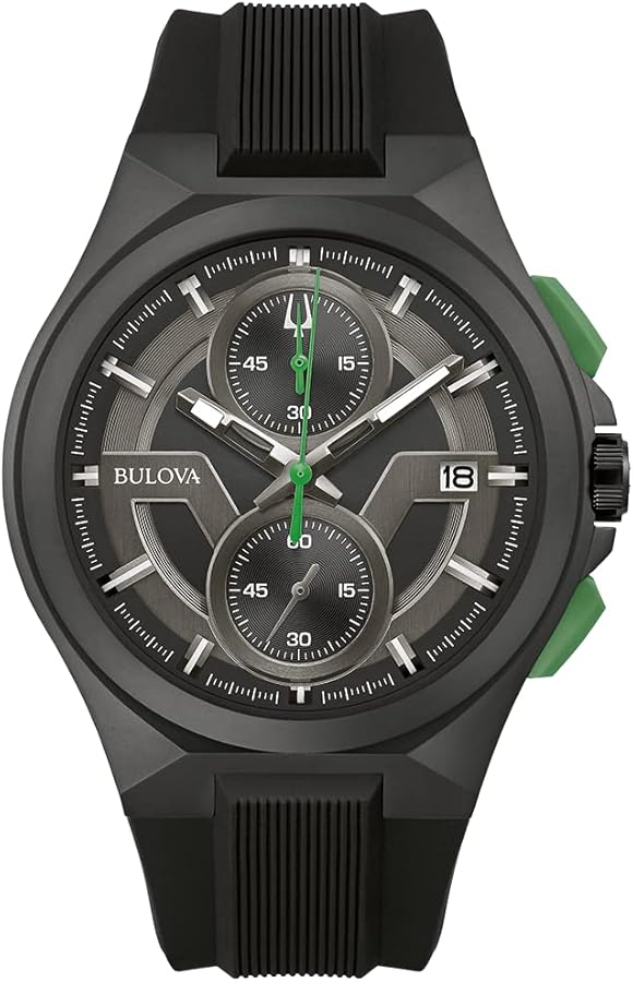 Bulova Men's Maquina Sport Black Ion-Plated Stainless Steel Case, 6-Hand Chronograph Quartz Watch with Matte Black Silicone Strap, Sapphire Crystal, Black Strap/ Green Accents