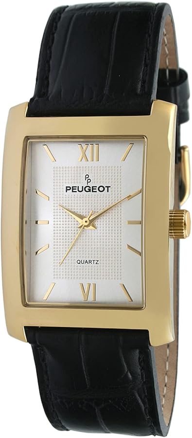 Peugeot Men's Rectangular Textured Roman Numeral Dial Classic Dress Wrist Watch with Leather Strap Band