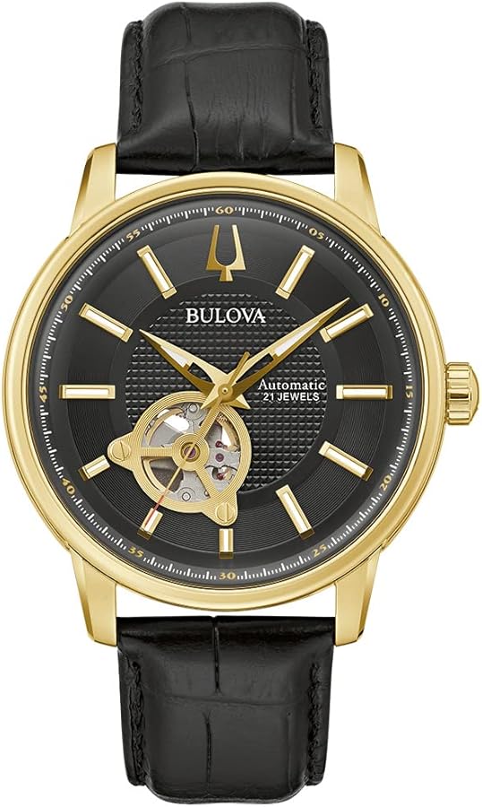 Bulova Men's Classic 3-Hand Automatic Leather Strap Watch, 21-jewels, Hack Feature, Luminous Hands and Markers,Open Aperture and Exhibition Case Back Style: 97A166