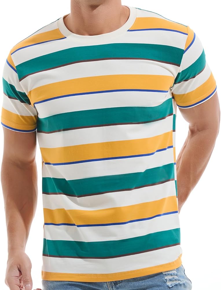 Men's Crewneck Striped T-Shirt Soft Elastic Cotton Tees