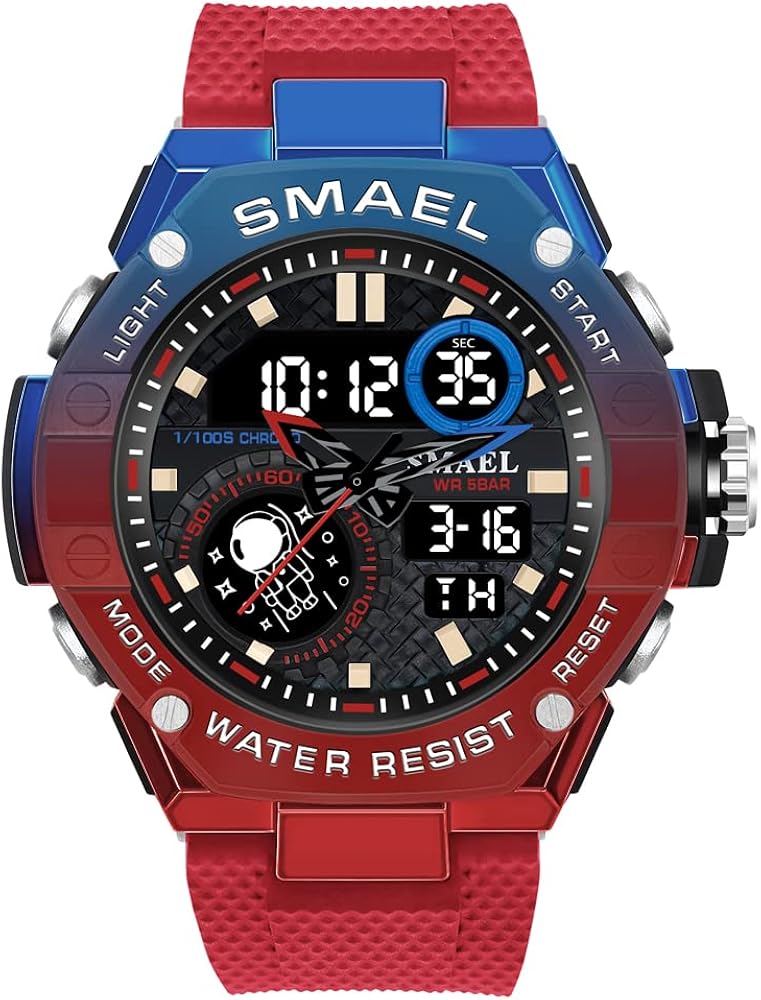 SMAEL New Man Watch for Men Sports Quartz Wristwatch Outdoor Waterproof Military Digital Watches Dual Time and Stopwatch Alarm Clock (Red)