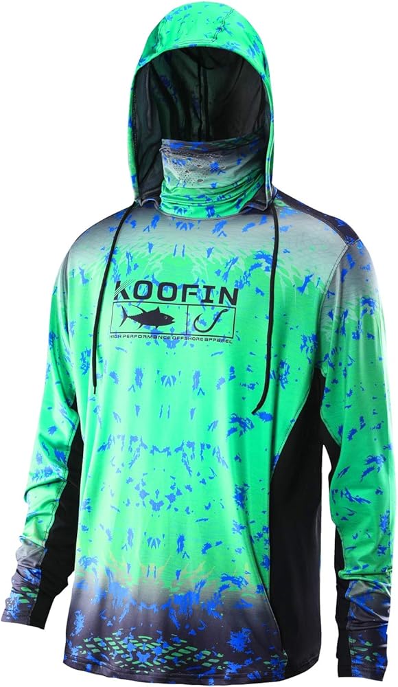 Performance Fishing Hoodie with Face Mask UPF50 Sunblock Shirt Hooded Long Sleeve with Drawstrings Pocket