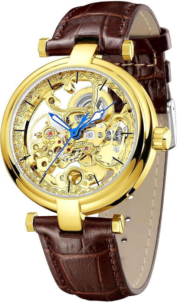 Carlien Skeleton Automatic Steampunk Watches Gold-Tone Luminous Hands Leather Strap Wrist-Watch