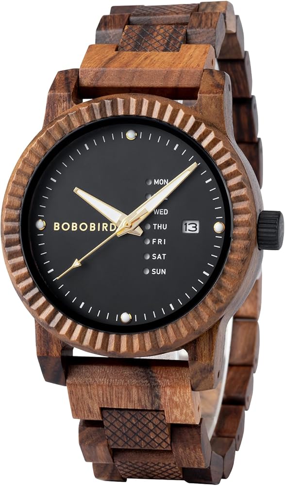 BOBO BIRD Mens Wooden Watch Analog Quartz with Week Display Lightweight Handmade Wood Wrist Watch for Men (Black)