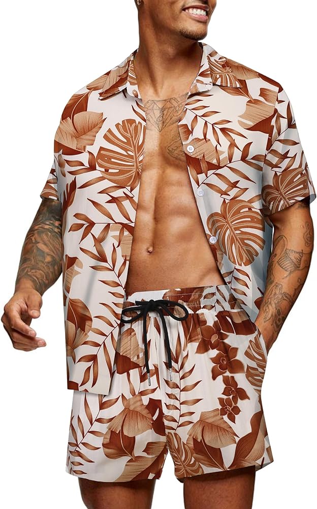 COOFANDY Men's Hawaiian Matching Set Summer Beach 2 Piece Outfits Flower Button Down Shirts and Shorts