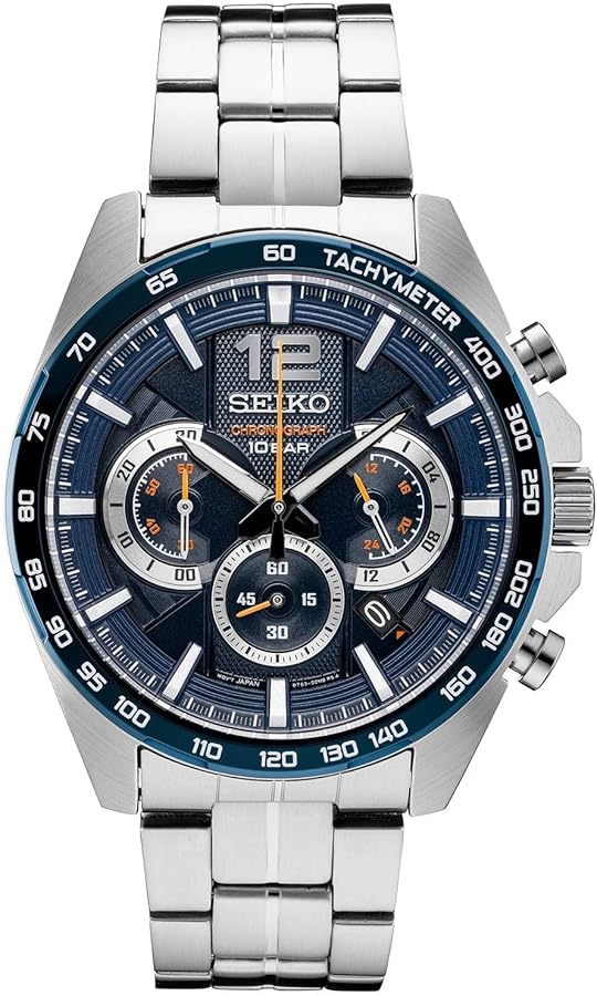 SEIKO SSB345 Watch for Men - Essentials - with Quartz Chronograph, Tachymeter Bezel, Blue Ion-Finish, Date Calendar, Stainless Steel Case and Bracelet, and 100m Water-Resistant