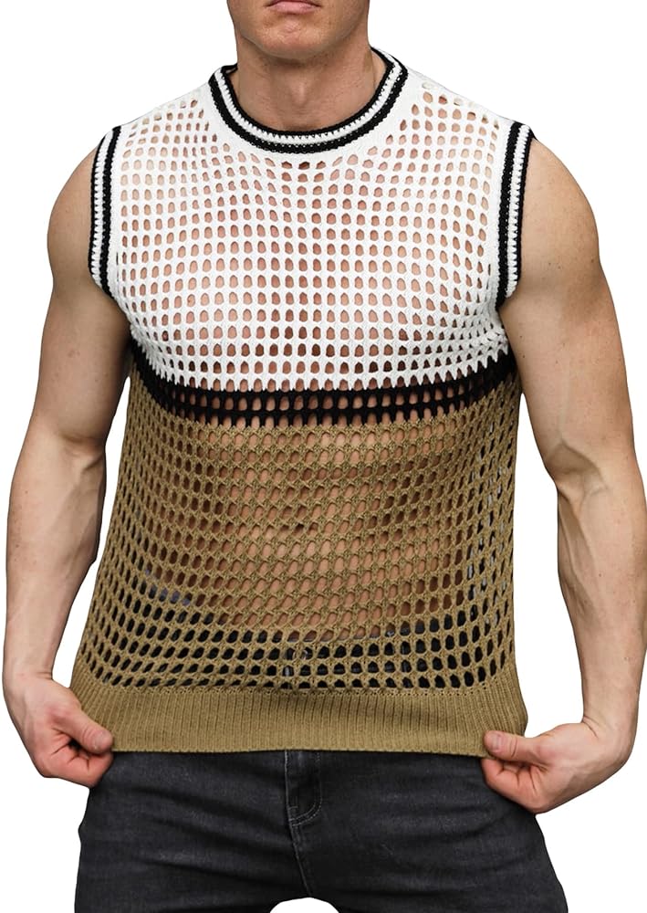 GORGLITTER Men's Colorblock Hollow Out Knit Tank Contrast Binding Crewneck Casual Tank Top