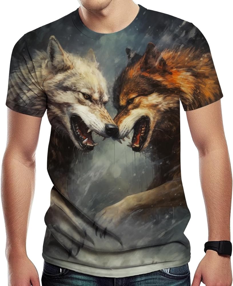 Men's Muscle Fitness Short Sleeve Wolf Printed Personalized Sweatshirt Fashionable T-Shirt