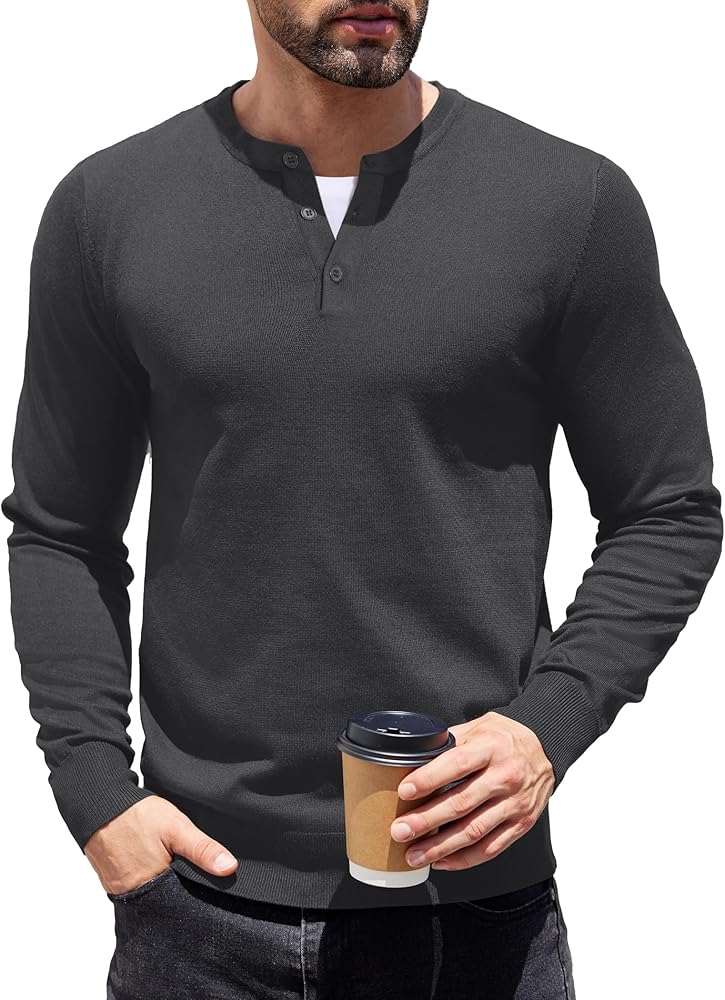 COOFANDY Men's Knit Henley Shirts Dress Long Sleeve Sweater Casual Collarless T-Shirt Quarter Button Pullover