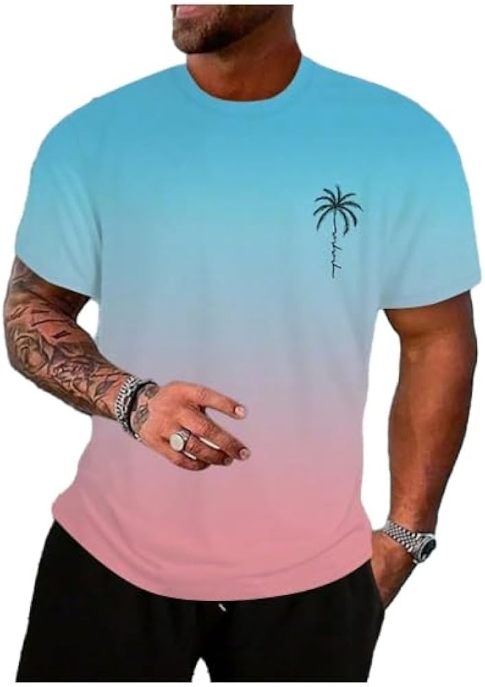 Floerns Men's Summer Streetwear Causal T Shirts Ombre Tropical Print Crewneck Short Sleeve Tee Shirts Tops