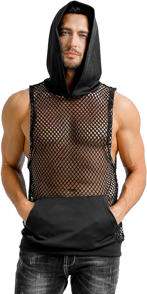 LINOCOUTON Mens Mesh Tank Tops See Through Sleeveless Fishnet Muscle Workout Shirt