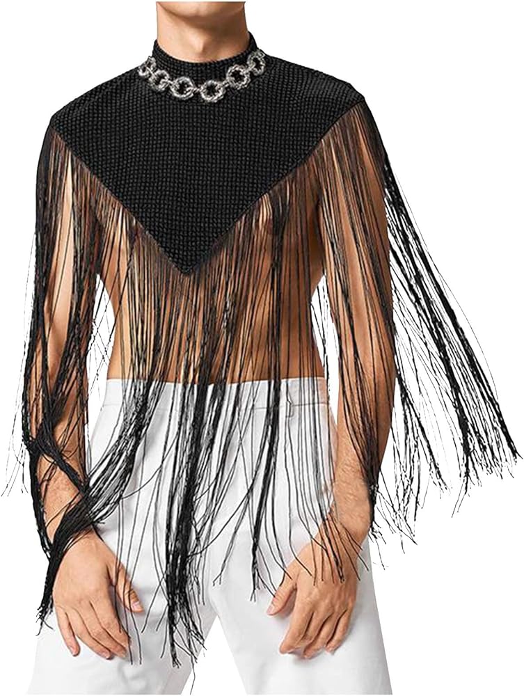 WENKOMG1 Fringe Hem Shirt for Men,Turtleneck Sexy Tank Top Tassel Shawl Sleeveless Cropped Top Party Club Pullover