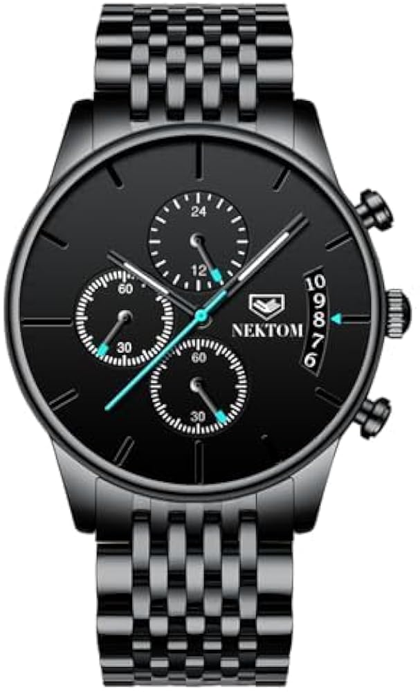 NEKTOM Watches for Men with Stainless Steel, Quartz Analog Watch with Date, Luxury Minimalist Dress Mens Watches, Chronograph Watch, 3ATM Waterproof, Black Wristwatch, Gifts for Men