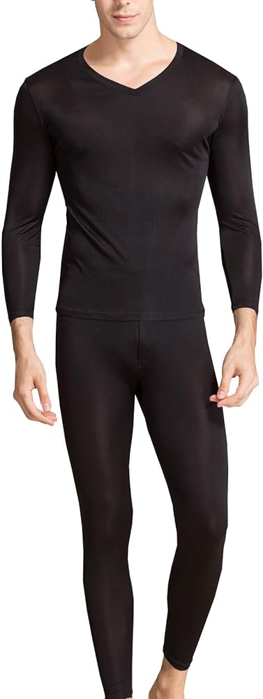 Men's Silk Long Johns Mulberry Silk Long Underwear V-Neck Breathable Thermal Underwear Sets & Undergarments