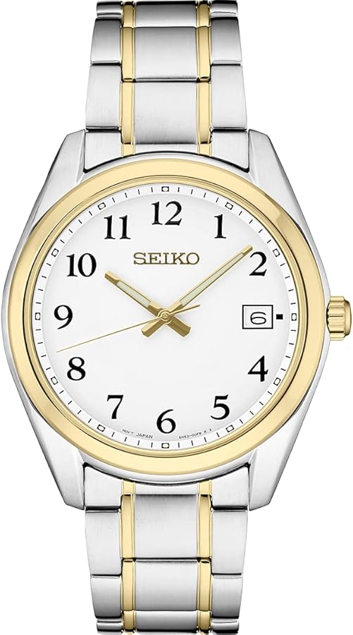 Seiko SUR460 Watch for Men - Analog White Dial with Arabic Numerals, Date Calendar, LumiBrite Hands, Two-Tone Stainless Steel Case & Bracelet, 100m Water Resistant