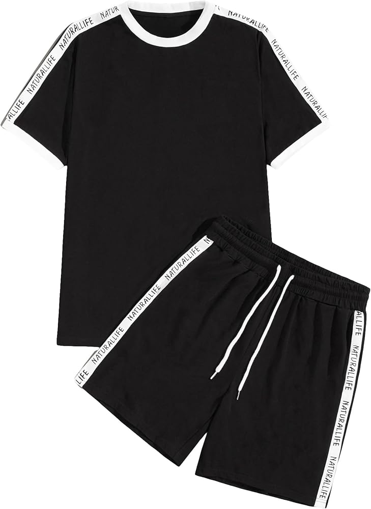 SHENHE Men's 2 Piece Outfits Summer Y2K Letter Print Side Short Sleeve and Drawstring Shorts Set Tracksuit