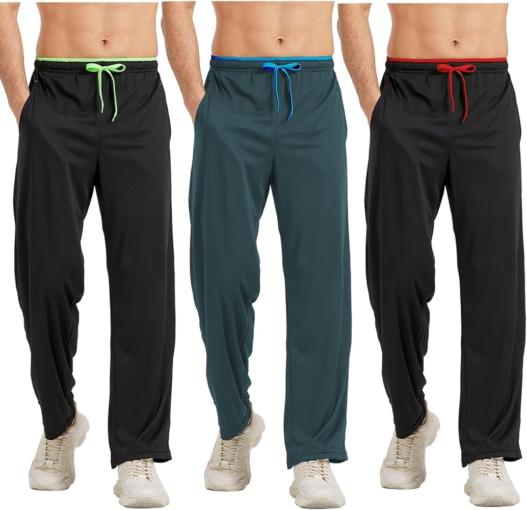 DWUGD'L 3Pack Men's Lightweight Sweatpants with Pockets Open Bottom Athletic Pants for Workout,Jogging,Gym,Running,Training