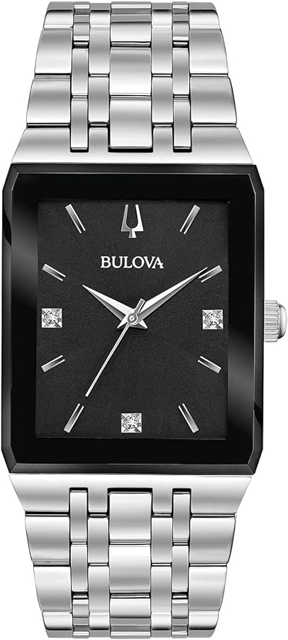 Bulova Men's Modern Quadra Stainless Steel 3-Hand Quartz Watch, Diamond Dial