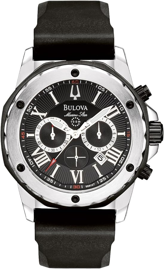 Bulova Men's Marine Star Series A Stainless Steel 6-Hand Chronograph Quartz Watch, Black Silicone Strap Style: 98B127