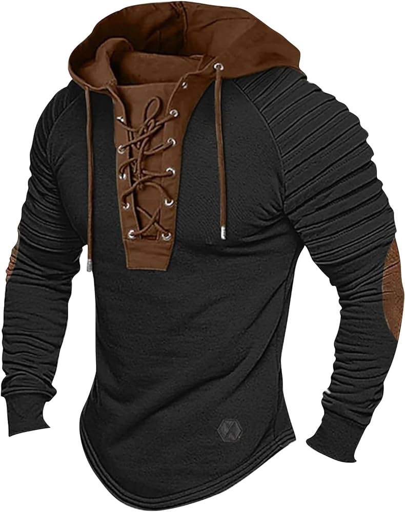 Men's Hoodies Shirt Vintage Medieval Hooded Lace Up Tops Casual Long Pleated Sleeve Patchwork Tops