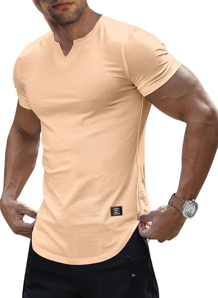 JMIERR Mens Muscle Slim T Shirt V-Neck Longline Henley Shirt Gym Workout Athletic Tee Shirts