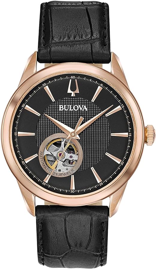 Bulova Men's Classic Automatic Watch with Leather Strap, Open Aperture Dial, Hack Feature, 41mm