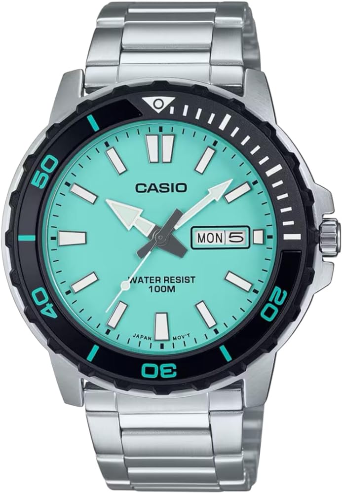 Casio MTD125D-2A2V Men's Marine Sport Stainless Steel Turquoise Blue Dial Day Date 100M Analog Watch, Silver