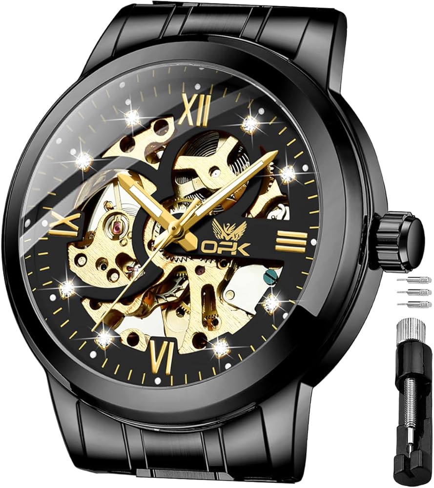 OPK Mens Watches Automatic Self Winding Mechanical Gold Skeleton Luxury Dress Diamond Stainless Steel Waterproof Wrist Watch