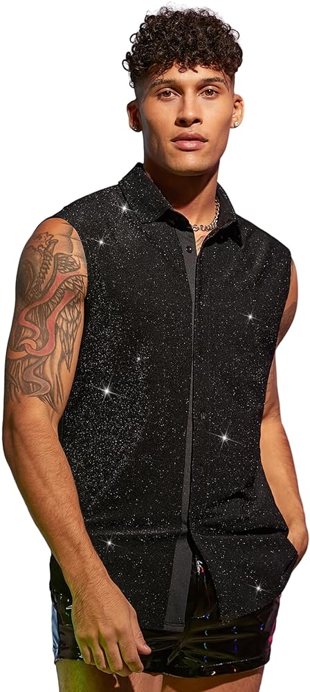 WDIRARA Men's Contrast Sequin Stand Collar Shirt Sleeveless Tops Lapel Neck Button Up Shirt