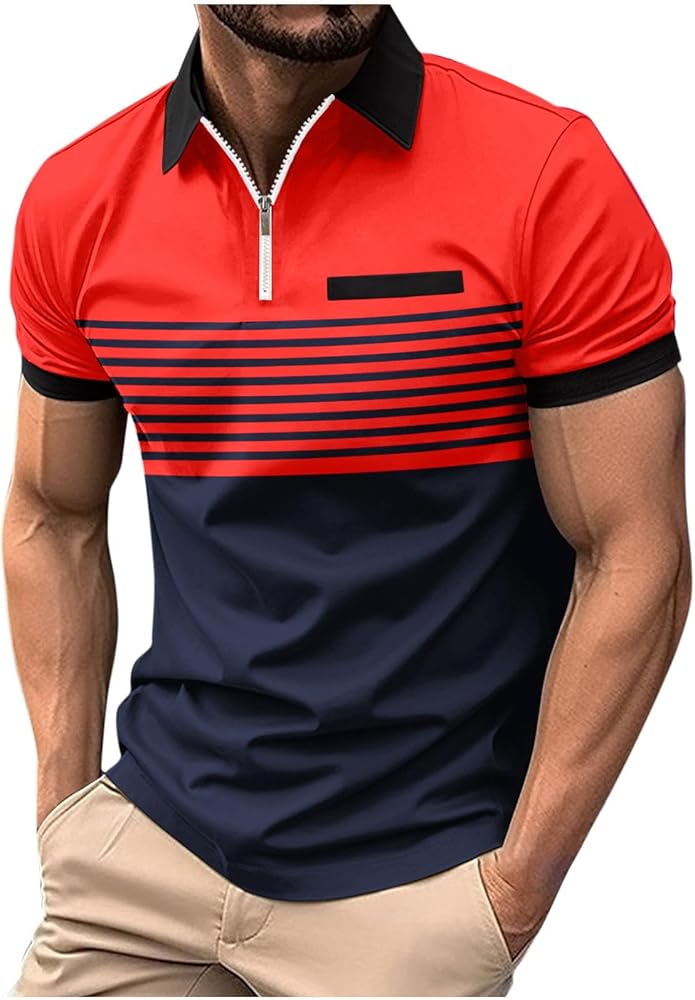 Quarter Zipper Neck T Shirts for Mens Lapel Shirts Striped Patchwork Tops Elastic Muscle Blouse Athletic Pullover Tees