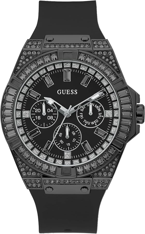 GUESS Men's Sport Multifunction Crystal 47mm Watch – Black Stainless Steel Case Black Dial with Black Silicone Strap