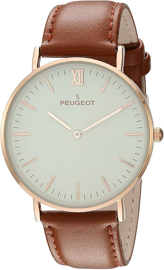 Peugeot Men's Ultra Slim Watch, 14Kt Gold Plated Round Minimalist Wrist Watch for Men with Easy to Read Dial and Genuine Leather Band