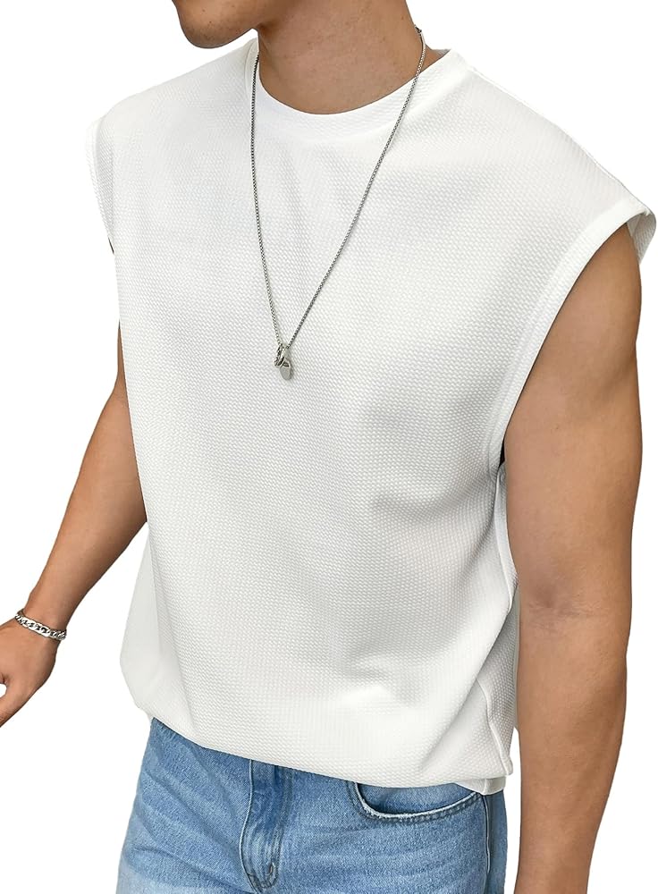 OYOANGLE Men's Letter Patched Textured Sleeveless Crew Neck Tank Tops Workout Athletic Casual Shirts