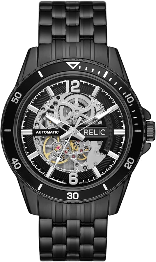 Relic by Fossil Men's Lewis Black Stainless Steel Sport Automatic Bracelet Watch with Skeleton Dial (Model: ZR77336)