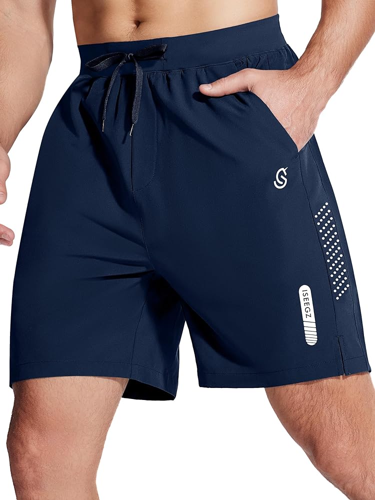 Men's Athletic 7 Inch Shorts Workout Lightweight Quick Dry Shorts Gym Sport Exercise Running Short Zipper Pockets