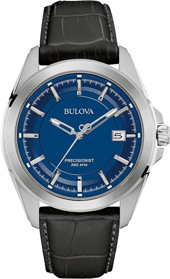 Bulova Men's Precisionist 3-Hand Calendar Stainless Steel with Black Leather Strap and Blue Dial Style: 96B257