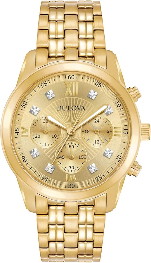 Bulova Men's Classic Gold Tone Stainless Steel 6-Hand Chronograph Quartz Watch, Diamond Dial Style: 97D114