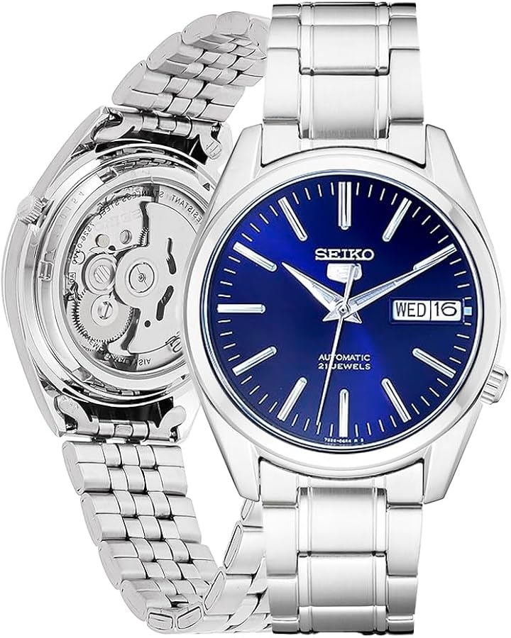 SEIKO SNKL43 Automatic Watch for Men 5-7S Collection - Striking Blue Dial with Day/Date Calendar, Luminous Hands, Stainless Steel Case & Bracelet