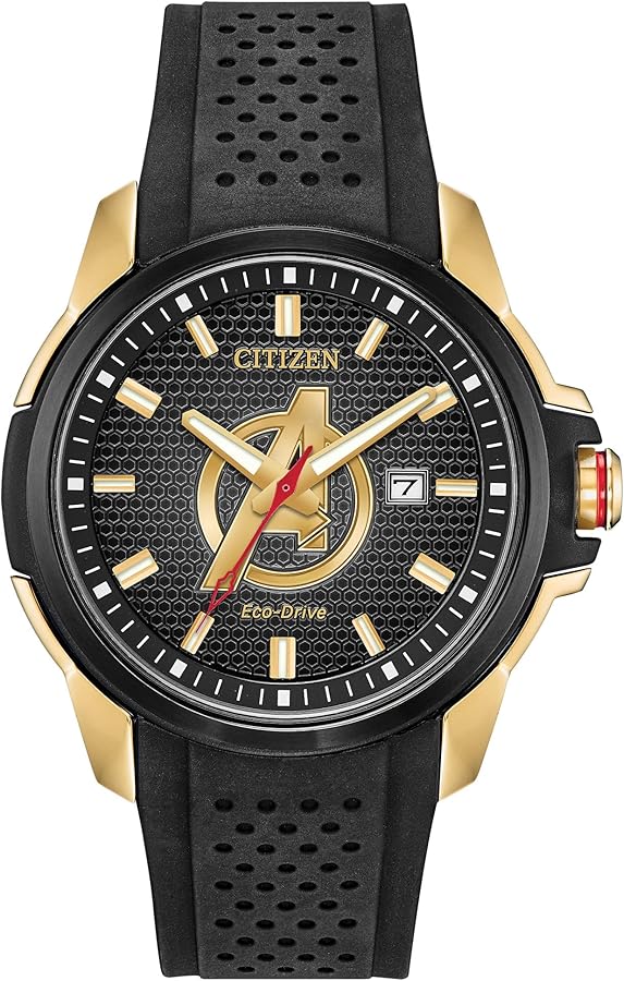 Citizen Men's Eco-Drive Marvel Avengers Watch, Gold Tone with Black Silicone Strap, 3-Hand Date, 44mm (Model: AW1155-03W)