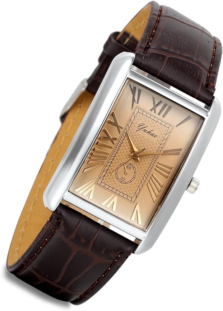 Lancardo Retro Vintage Square Quartz Analog Watch Silver Tone Case Crocodile Pattern Brown Leather Business Casual Dress Wrist Watch