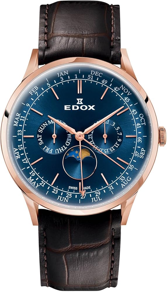 Edox Men's Les Vauberts 44mm Brown Leather Band Rose Gold Plated Case Quartz Analog Watch 40101 37RC BUIR