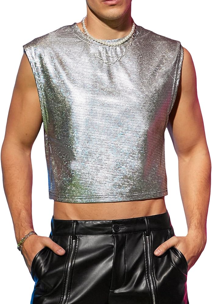 WDIRARA Men's Glitter Sleeveless Round Neck Crop Tank Top T Shirt Party Club Top