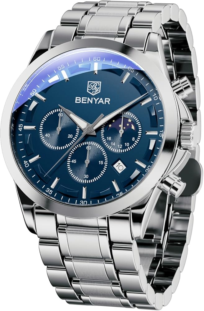 BY BENYAR Watches for Men Analog Watch Mens Watches Waterproof Watch Silver Watch Quartz Chronograph Date Men's Wrist Watches Stainless Steel Casual Luxury Gifts for Men Unique Mens Dress Watch