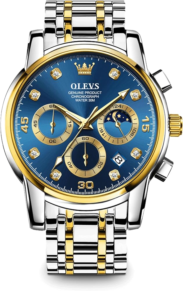 OLEVS Men's Chronograph Watch, Big Face Multi-Functional Easy to Read Stainless Steel Analog Quartz Watch with Date, Luxury Waterproof Luminous Moon Phases Diamond Dial Dress Watch for Men